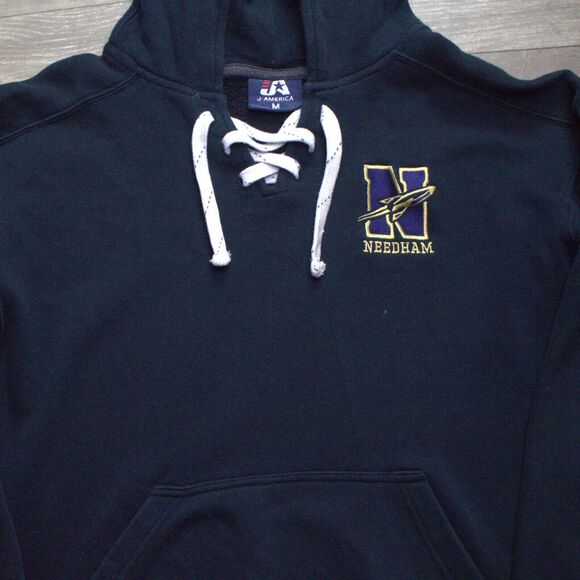Vintage Needham Rockets Hoodie Laced Sweater Mens Medium M Blue Hockey J America - Picture 1 of 4